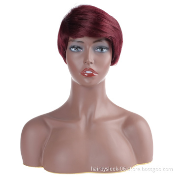Fashionable Textured Burgundy Ultra short hair Peruvian Short Bob Wig Lace Front Closure Human hair wigs for special Elf girl